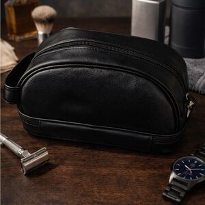 ✈️ Perry Ellis Black Leather Toiletry Travel Case with Handle #Zaddy Vibes